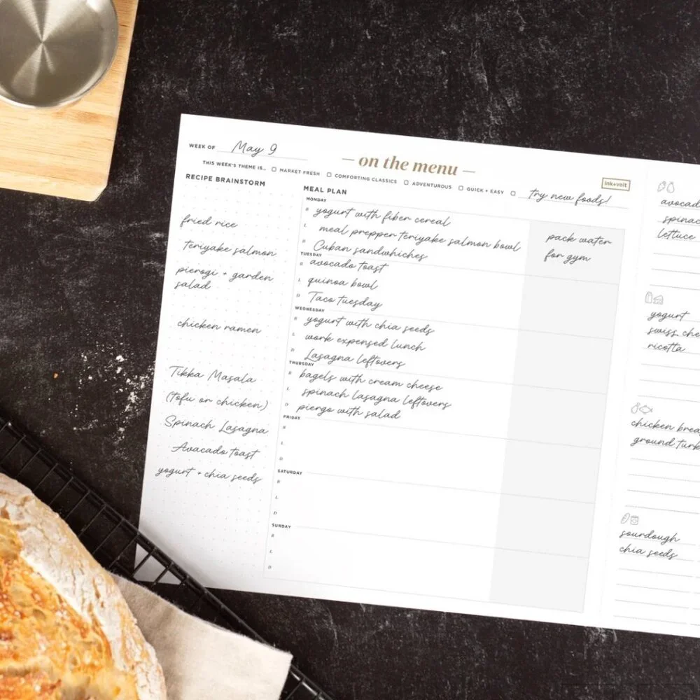 Ink + Volt “On the Menu” Weekly Meal Planner Pad | Tear-Off Grocery List